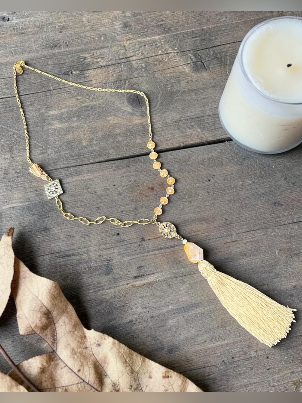 Chico's Cream Tassel Beaded Long Necklace with Gold Accents